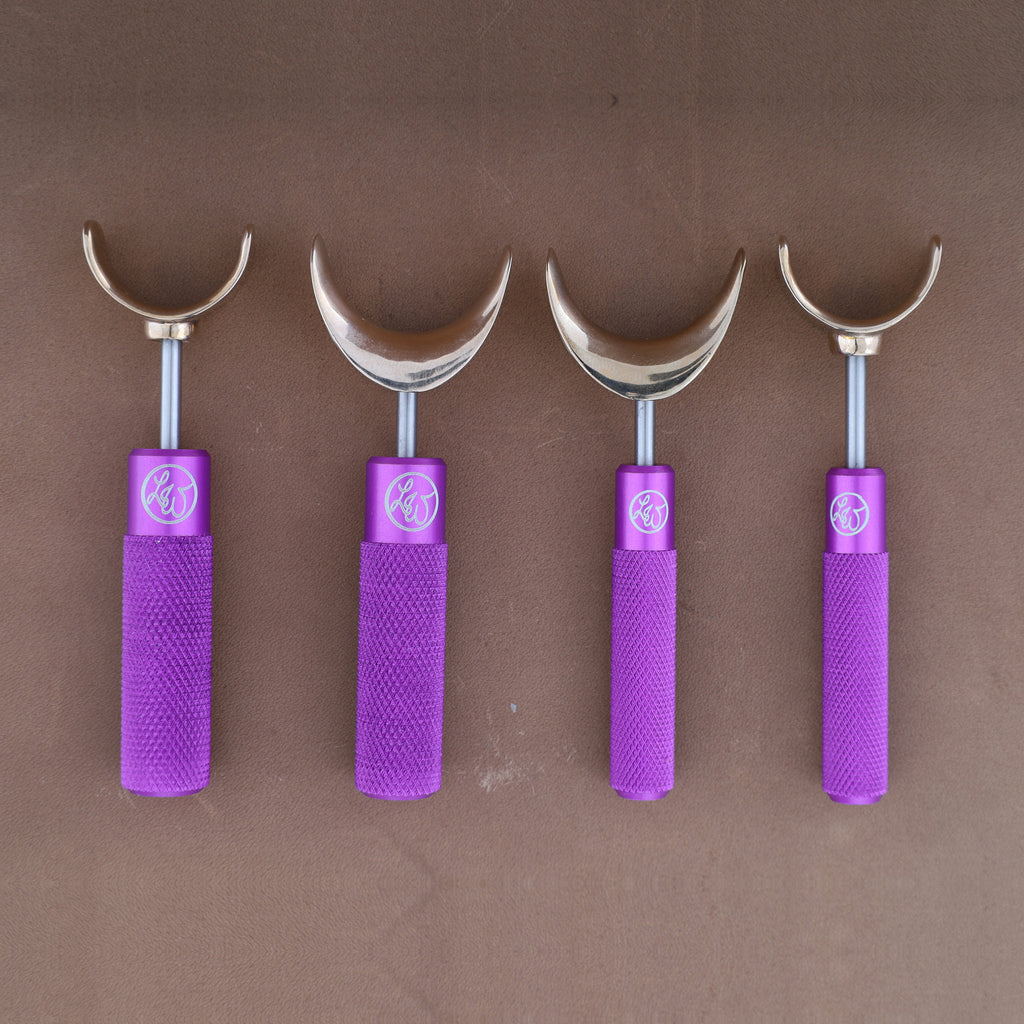 Leather Wranglers SK-3 swivel knives in Ultra Violet, 3/8 and 1/2 inch barrels, flat and saddle yokes