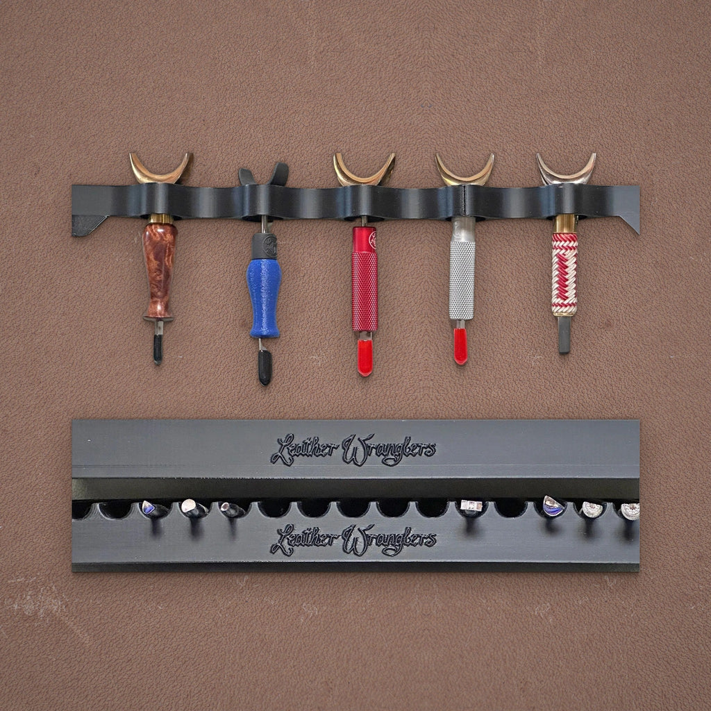 Swivel knives in the rack above a Leather Wranglers Tools Tray
