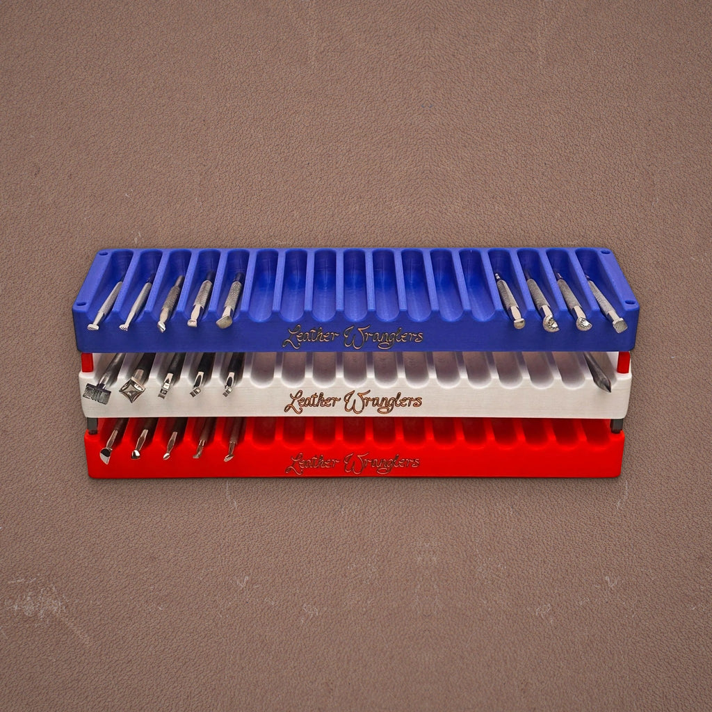 Leather Wranglers Tools Trays in blue, white and red